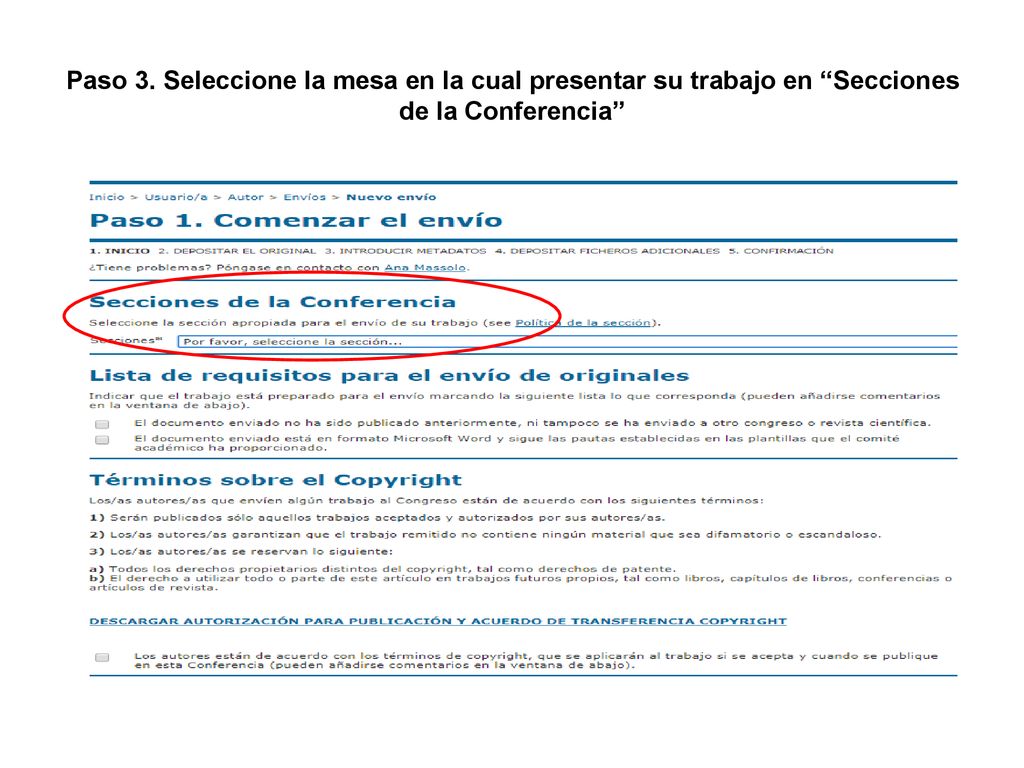 Paso 3. Seleccione la mesa en la cual presentar su trabajo en Secciones de la Conferencia