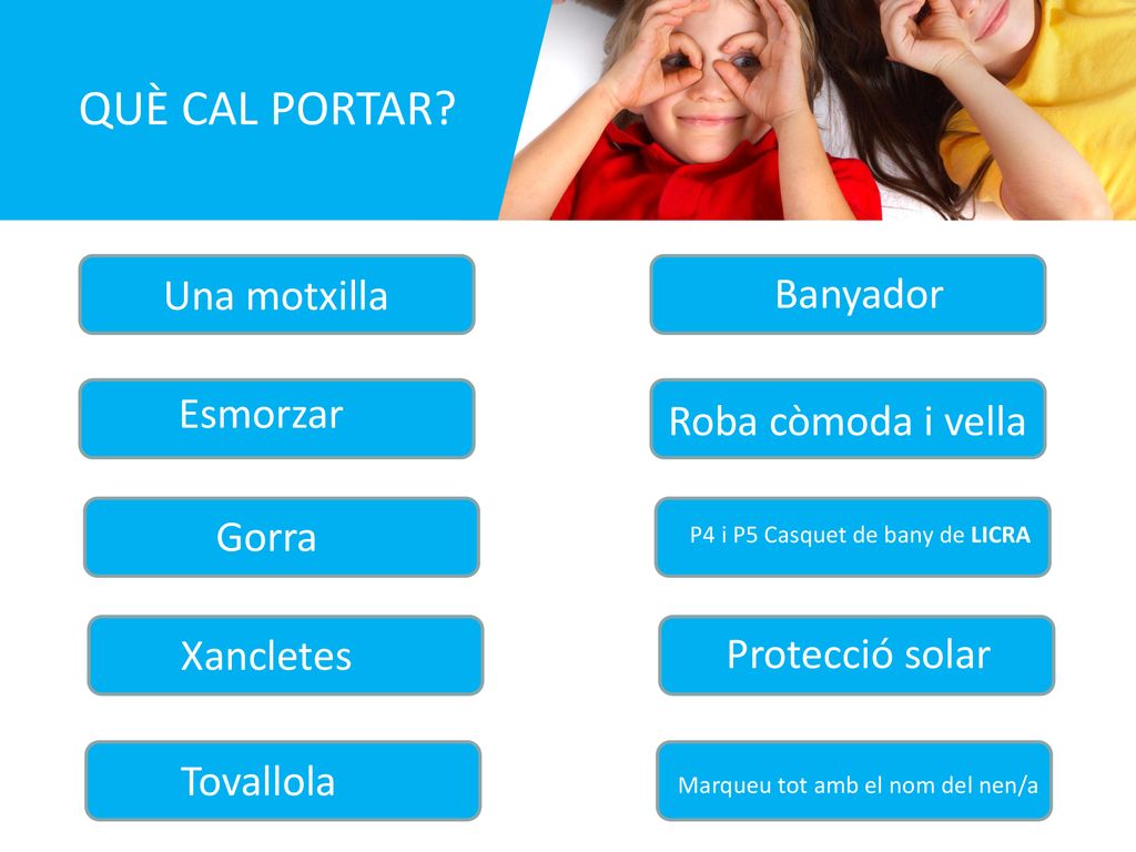 QUÈ CAL PORTAR Una motxilla Banyador Esmorzar Roba còmoda i vella