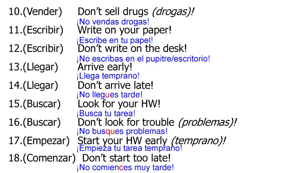 (Vender) Don’t sell drugs (drogas)! (Escribir) Write on your paper!
