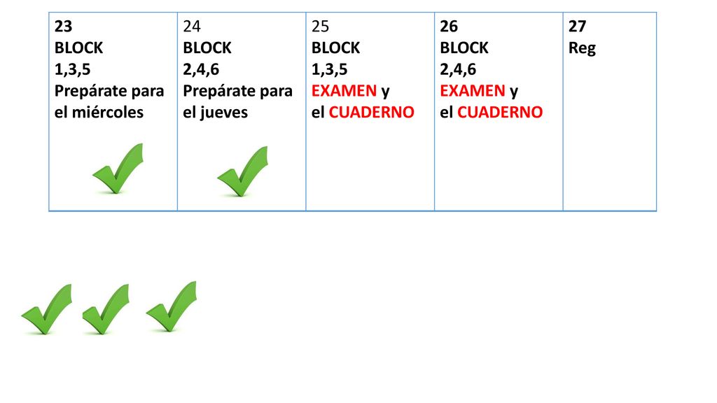 23 BLOCK. 1,3,5. Prepárate para el miércoles ,4,6. Prepárate para el jueves. 25. EXAMEN y.