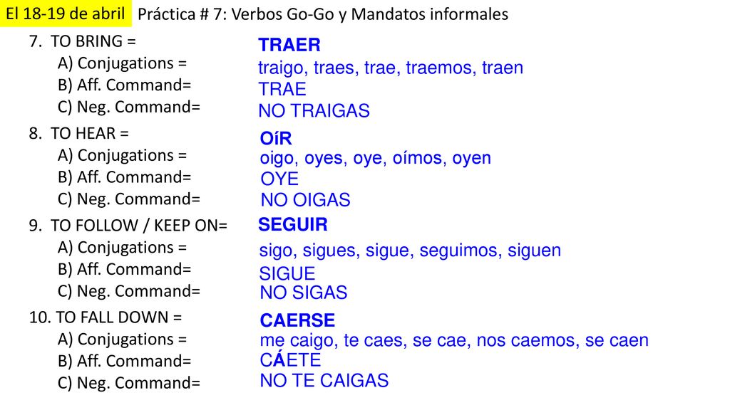El de abril Práctica # 7: Verbos Go-Go y Mandatos informales. 7. TO BRING = A) Conjugations =