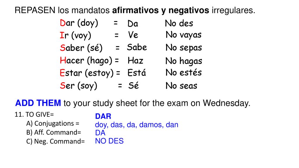 REPASEN los mandatos afirmativos y negativos irregulares. Dar (doy) =
