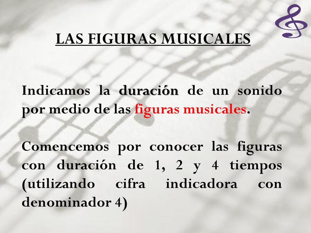 LAS FIGURAS MUSICALES Indicamos la duración de un sonido por medio de las figuras musicales.