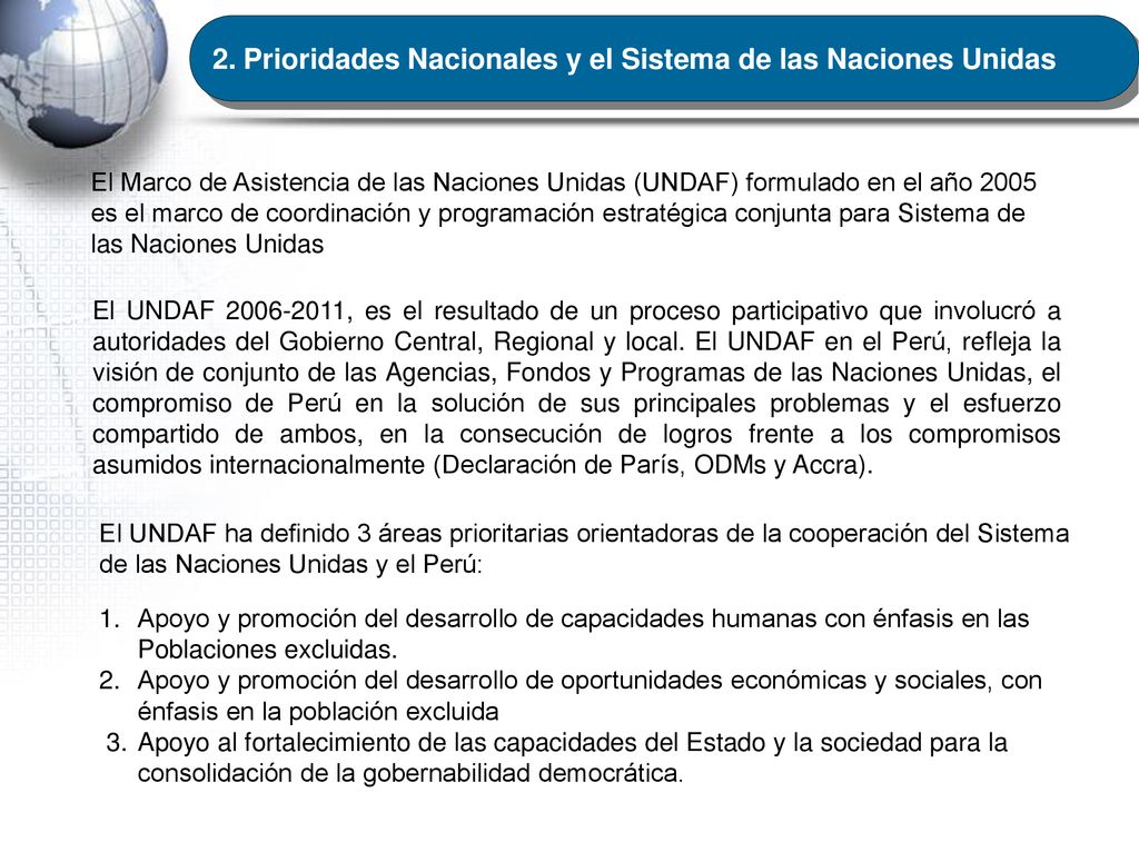 Prioridades Nacionales y el Sistema de las Naciones Unidas