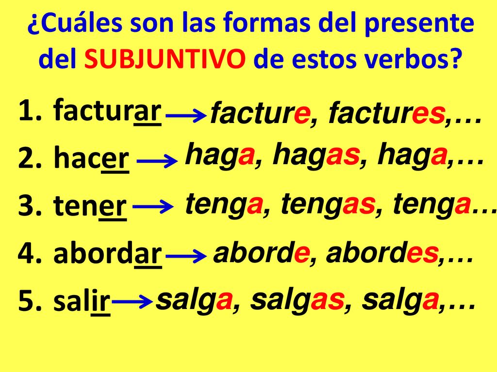 ¿Cuáles son las formas del presente del SUBJUNTIVO de estos verbos