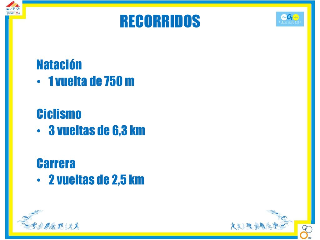 RECORRIDOS Natación 1 vuelta de 750 m Ciclismo 3 vueltas de 6,3 km