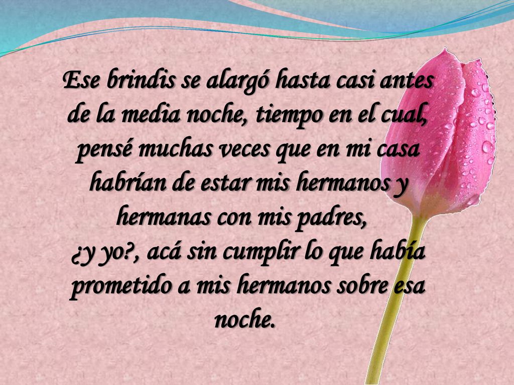 Ese brindis se alargó hasta casi antes de la media noche, tiempo en el cual, pensé muchas veces que en mi casa habrían de estar mis hermanos y hermanas con mis padres,