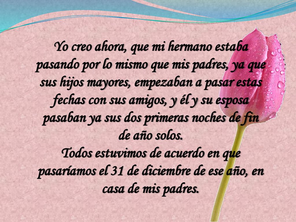 Yo creo ahora, que mi hermano estaba pasando por lo mismo que mis padres, ya que sus hijos mayores, empezaban a pasar estas fechas con sus amigos, y él y su esposa pasaban ya sus dos primeras noches de fin de año solos.