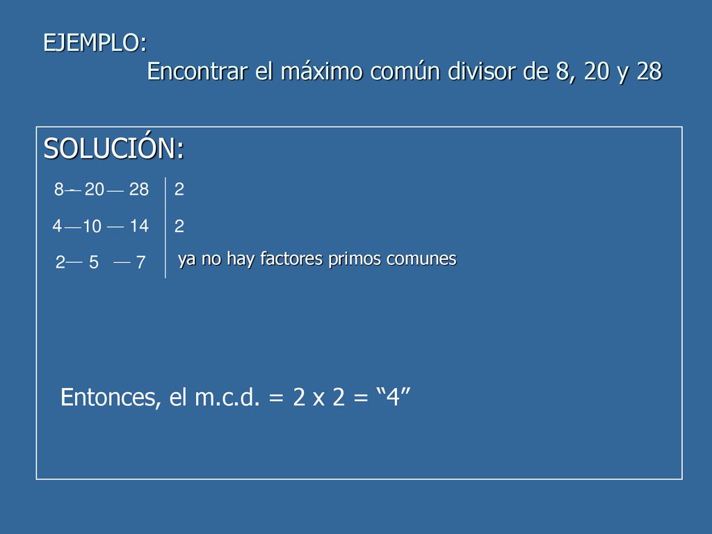 EJEMPLO: Encontrar el máximo común divisor de 8, 20 y 28