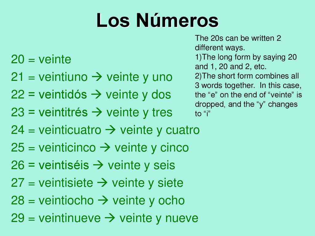 Los Números 20 = veinte 21 = veintiuno  veinte y uno