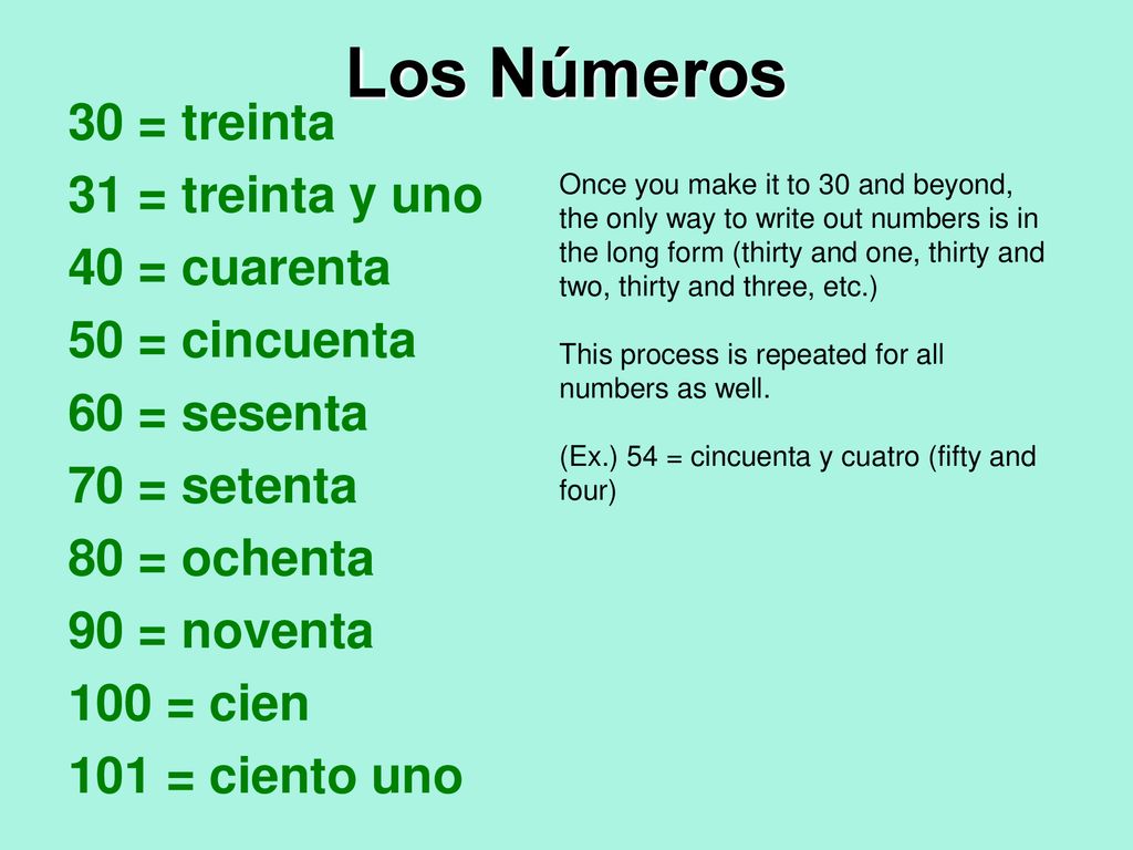 Los Números 30 = treinta 31 = treinta y uno 40 = cuarenta