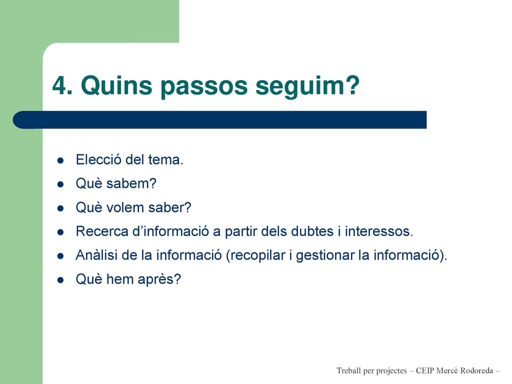 4. Quins passos seguim Elecció del tema. Què sabem Què volem saber