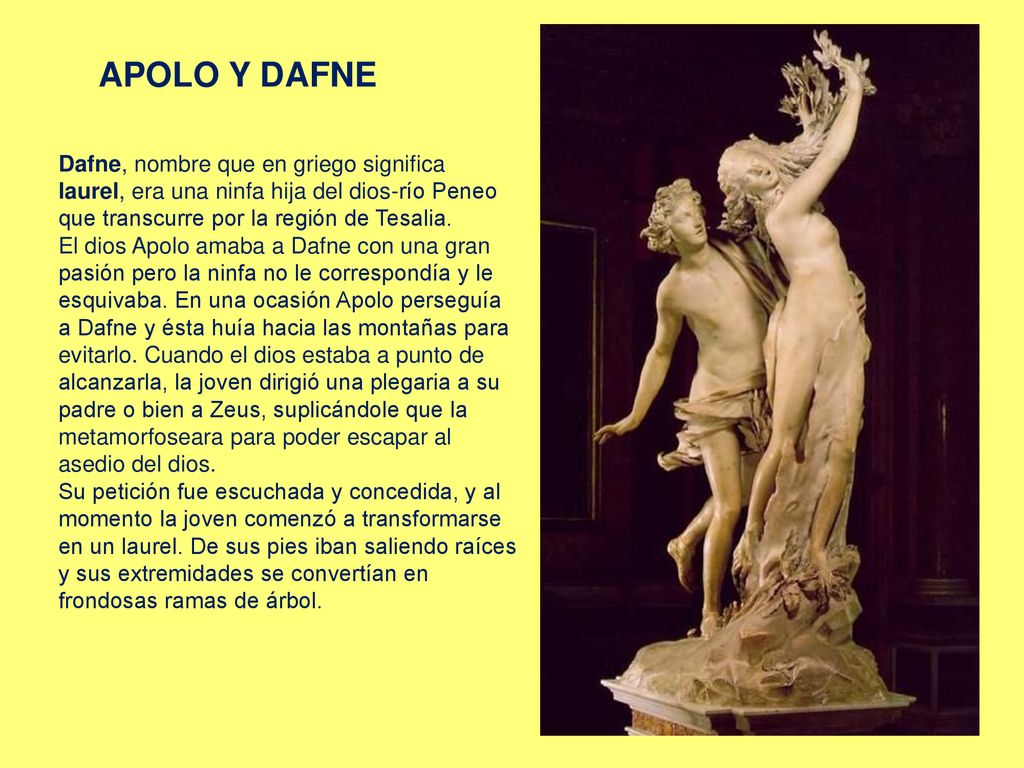 APOLO Y DAFNE Dafne, nombre que en griego significa laurel, era una ninfa hija del dios-río Peneo que transcurre por la región de Tesalia.