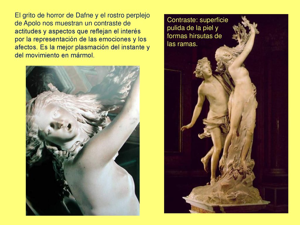 El grito de horror de Dafne y el rostro perplejo de Apolo nos muestran un contraste de actitudes y aspectos que reflejan el interés por la representación de las emociones y los afectos. Es la mejor plasmación del instante y del movimiento en mármol.