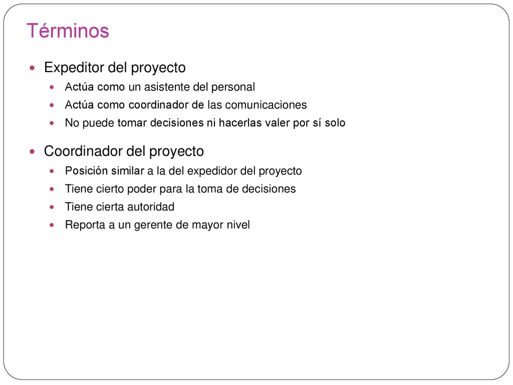 Términos Expeditor del proyecto Coordinador del proyecto