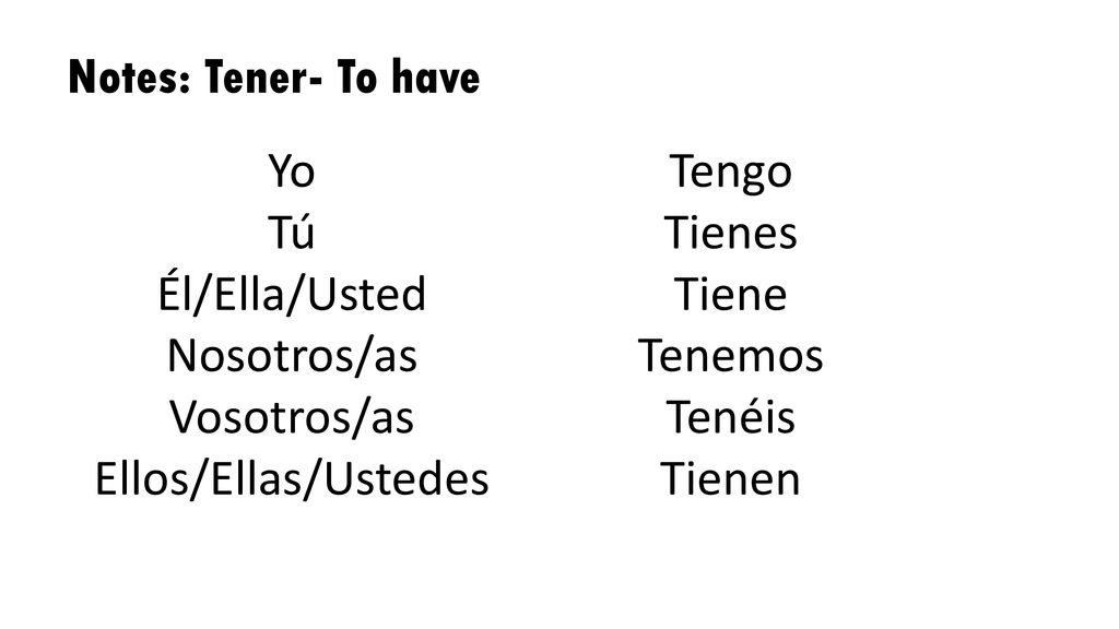 Notes: Tener- To have Yo. Tú. Él/Ella/Usted. Nosotros/as. Vosotros/as. Ellos/Ellas/Ustedes. Tengo.
