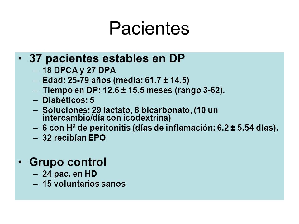 Pacientes 37 pacientes estables en DP Grupo control 18 DPCA y 27 DPA