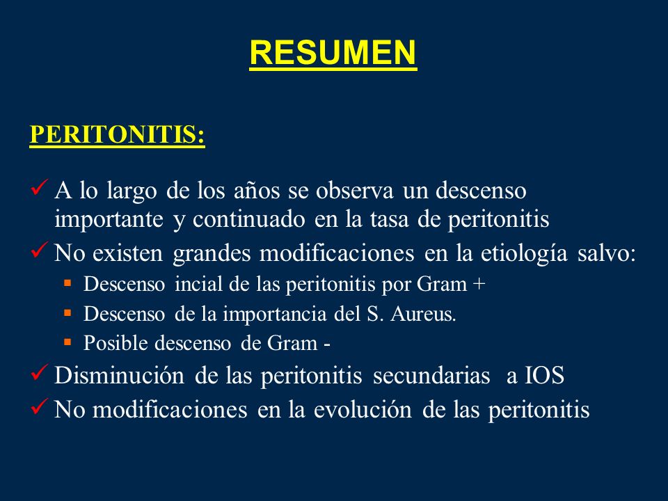 RESUMEN PERITONITIS: A lo largo de los años se observa un descenso importante y continuado en la tasa de peritonitis.