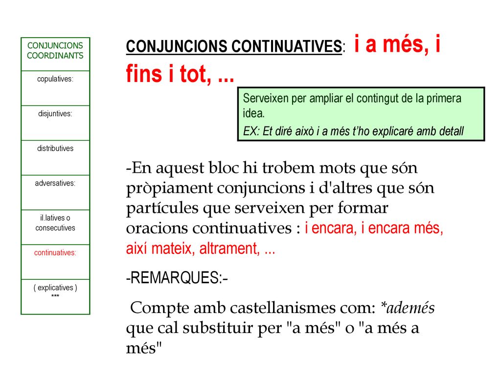 CONJUNCIONS CONTINUATIVES: i a més, i fins i tot, ...