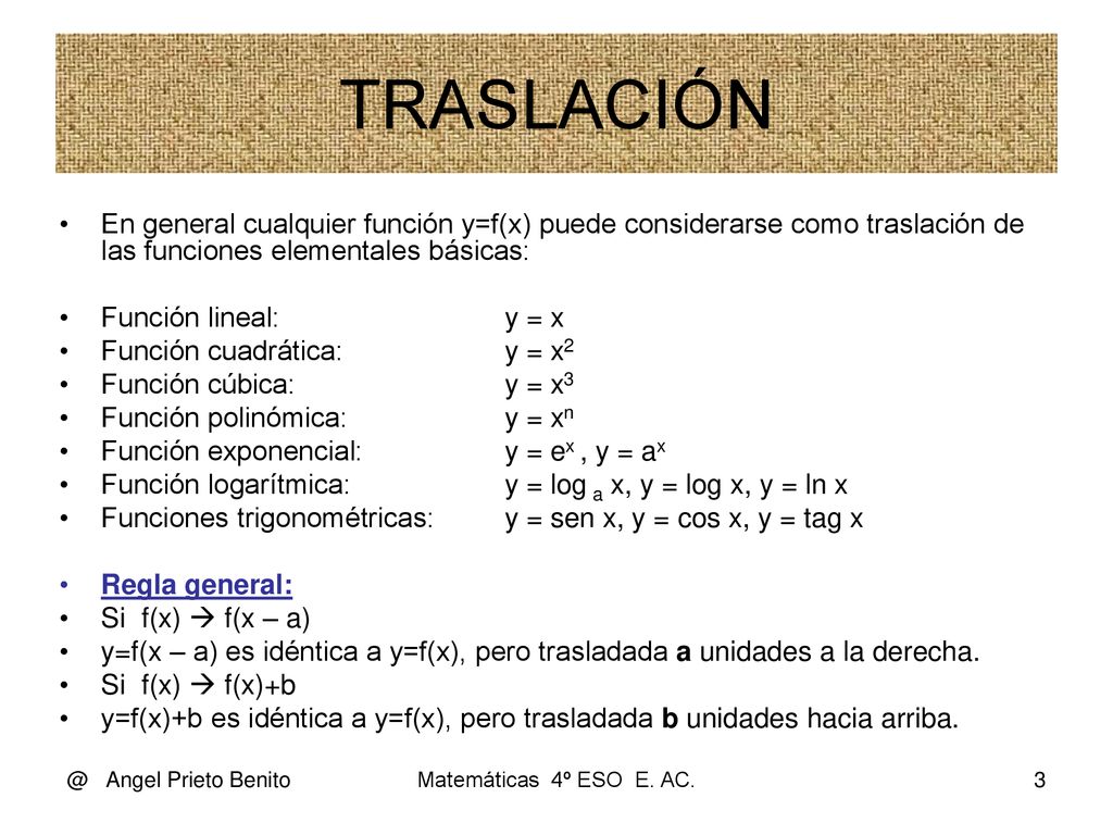 TRASLACIÓN En general cualquier función y=f(x) puede considerarse como traslación de las funciones elementales básicas: