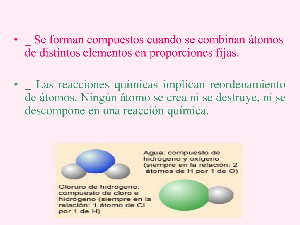 _ Se forman compuestos cuando se combinan átomos de distintos elementos en proporciones fijas.