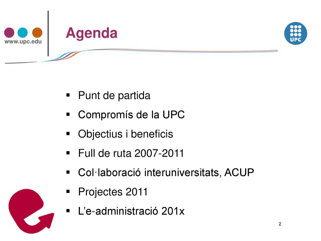 Agenda Punt de partida Compromís de la UPC Objectius i beneficis