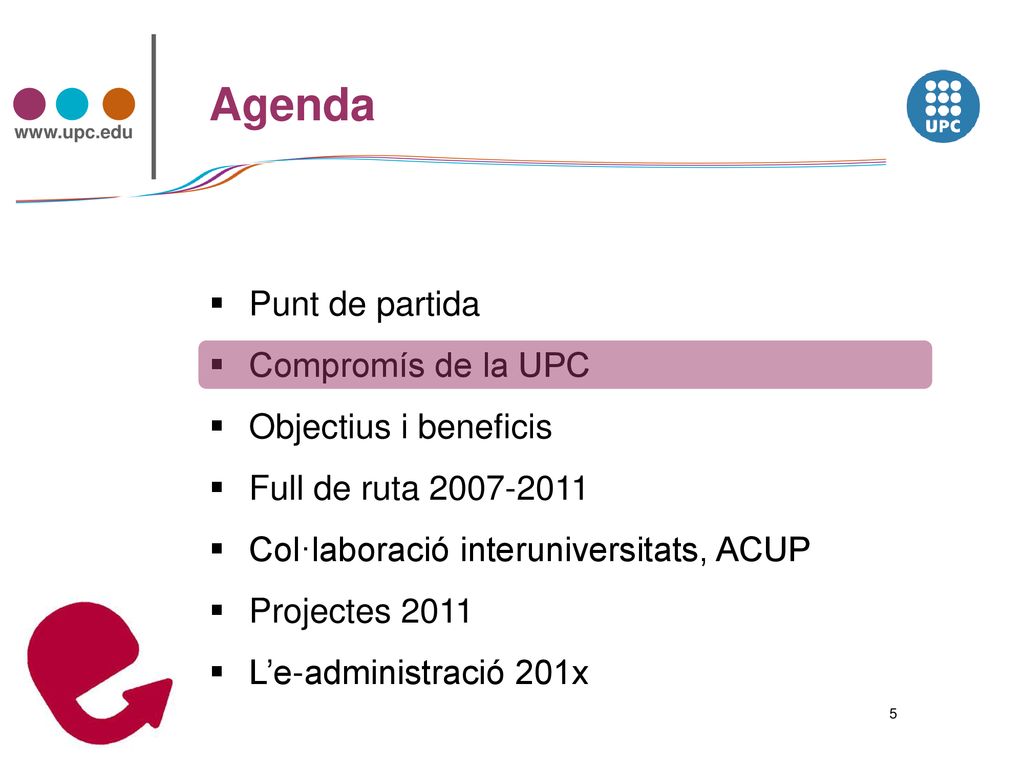 Agenda Punt de partida Compromís de la UPC Objectius i beneficis