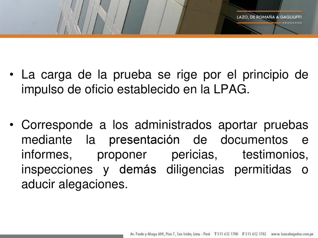La carga de la prueba se rige por el principio de impulso de oficio establecido en la LPAG.