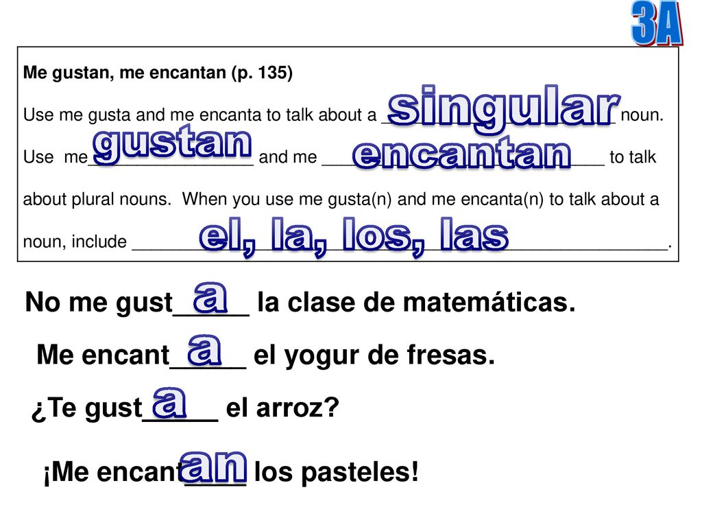 singular a a a an gustan encantan el, la, los, las 3A