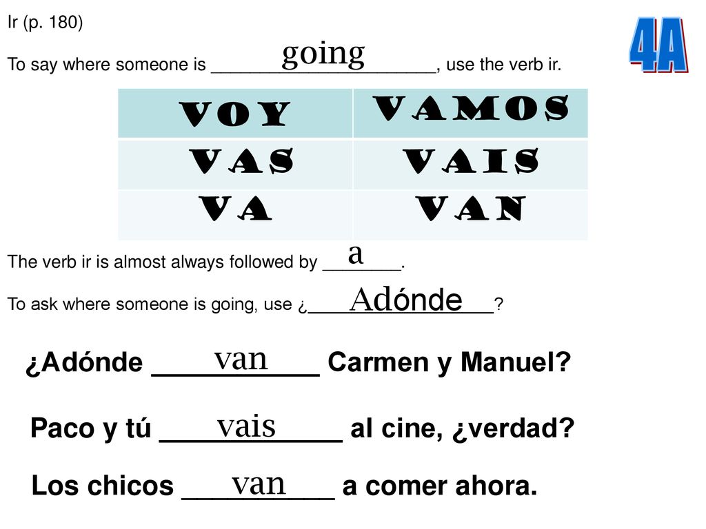 4A going vamos voy vas vais va van a Adónde van vais van
