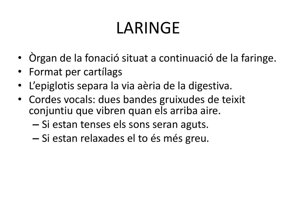 LARINGE Òrgan de la fonació situat a continuació de la faringe.