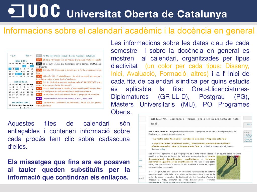 Informacions sobre el calendari acadèmic i la docència en general
