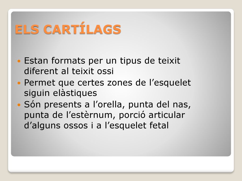 ELS CARTÍLAGS Estan formats per un tipus de teixit diferent al teixit ossi. Permet que certes zones de l’esquelet siguin elàstiques.