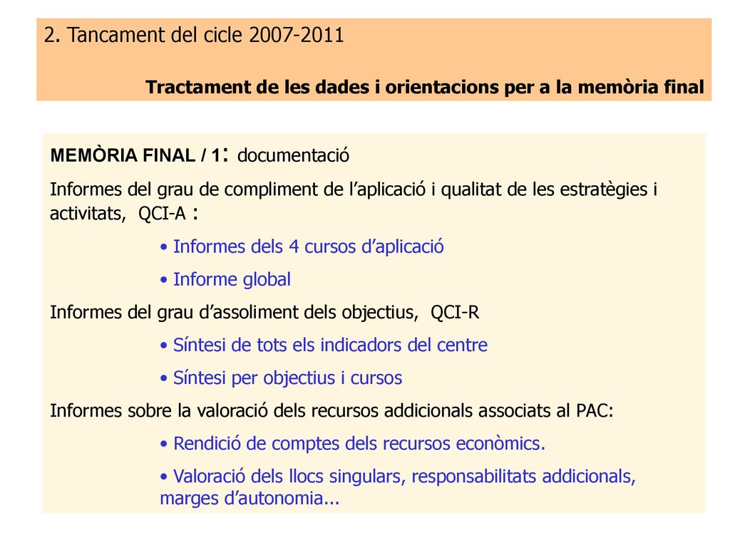 2. Tancament del cicle Tractament de les dades i orientacions per a la memòria final. MEMÒRIA FINAL / 1: documentació.