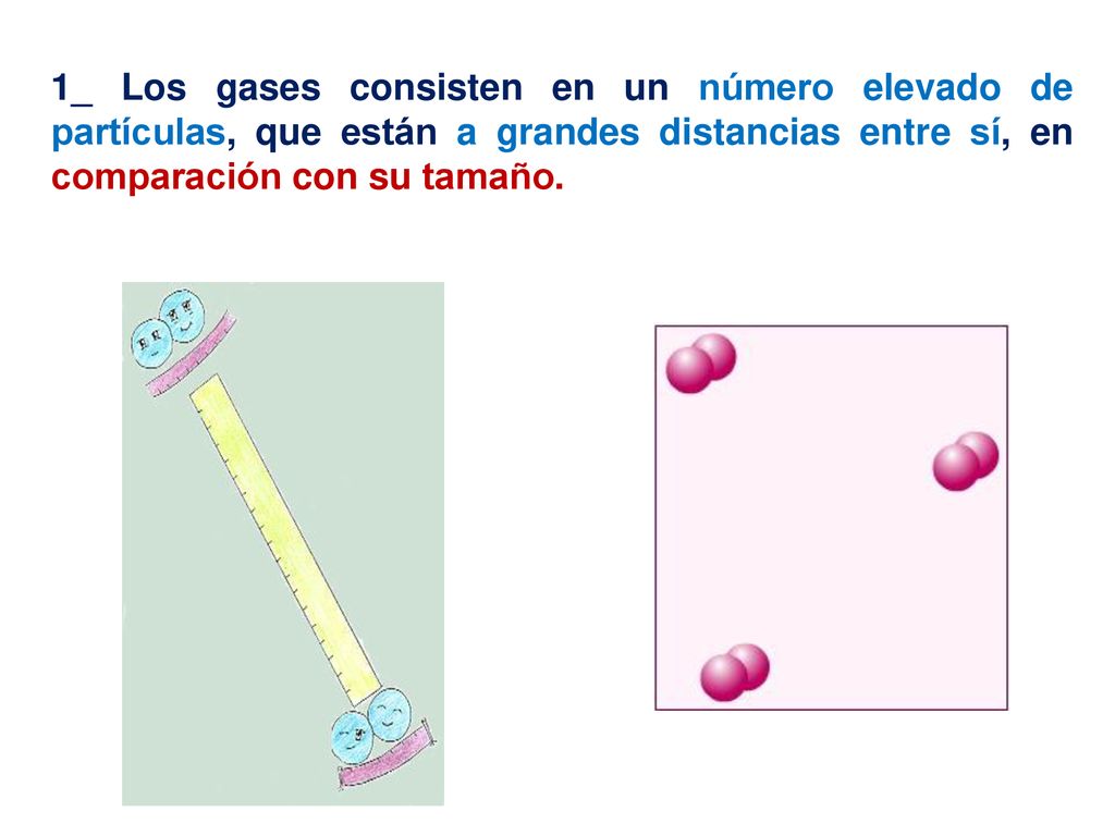 1_ Los gases consisten en un número elevado de partículas, que están a grandes distancias entre sí, en comparación con su tamaño.