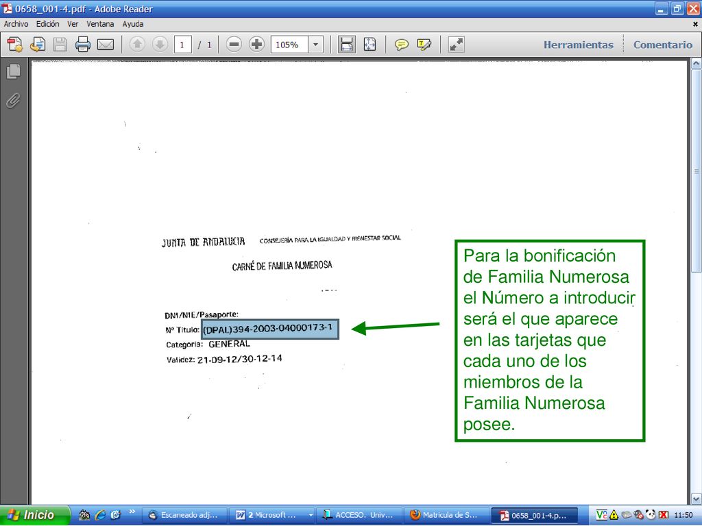 Para la bonificación de Familia Numerosa el Número a introducir será el que aparece en las tarjetas que cada uno de los miembros de la Familia Numerosa posee.