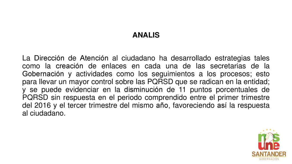 ANALIS La Dirección de Atención al ciudadano ha desarrollado estrategias tales como la creación de enlaces en cada una de las secretarias de la Gobernación y actividades como los seguimientos a los procesos; esto para llevar un mayor control sobre las PQRSD que se radican en la entidad; y se puede evidenciar en la disminución de 11 puntos porcentuales de PQRSD sin respuesta en el periodo comprendido entre el primer trimestre del 2016 y el tercer trimestre del mismo año, favoreciendo así la respuesta al ciudadano.
