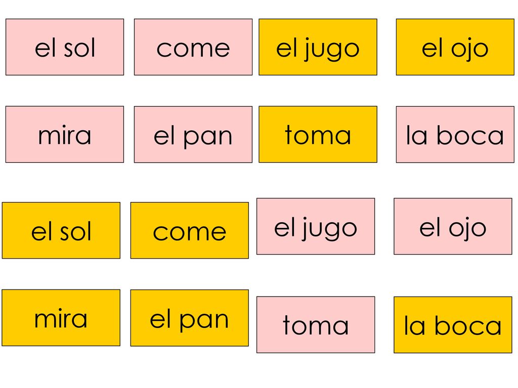 el sol come. el jugo. el ojo. mira. el pan. toma. la boca. el jugo. el ojo. el sol. come.