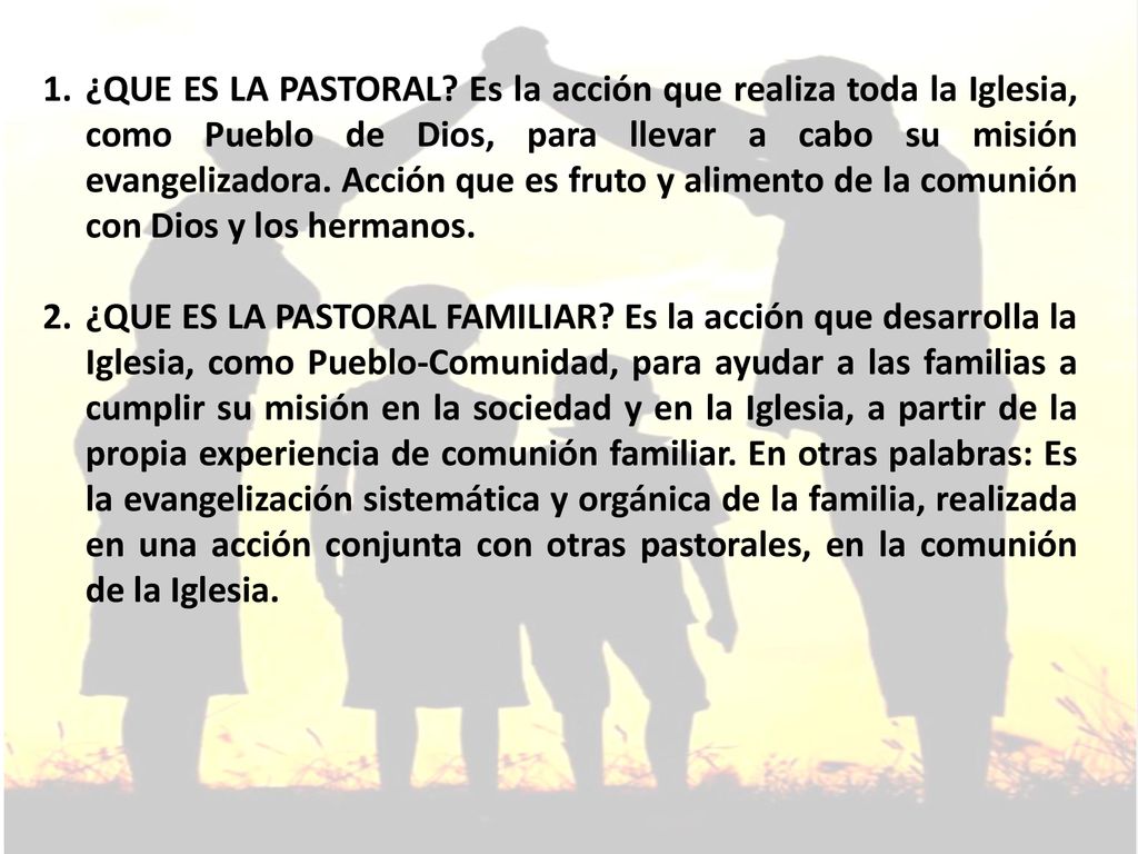¿QUE ES LA PASTORAL Es la acción que realiza toda la Iglesia, como Pueblo de Dios, para llevar a cabo su misión evangelizadora. Acción que es fruto y alimento de la comunión con Dios y los hermanos.