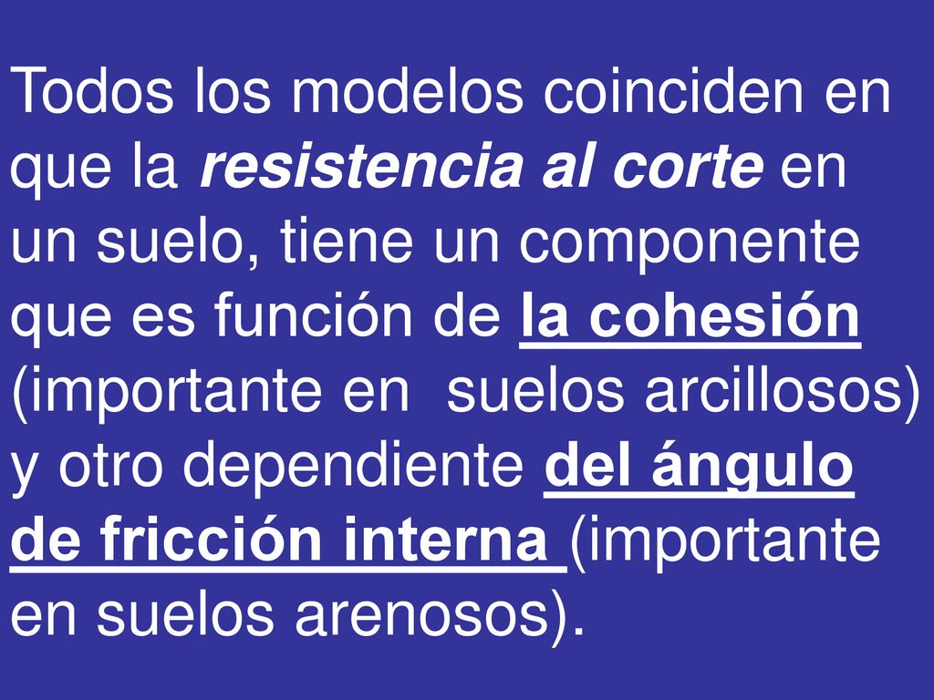 Todos los modelos coinciden en que la resistencia al corte en un suelo, tiene un componente que es función de la cohesión (importante en suelos arcillosos) y otro dependiente del ángulo de fricción interna (importante en suelos arenosos).