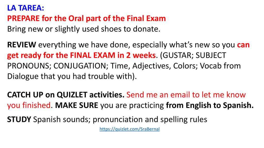 PREPARE for the Oral part of the Final Exam