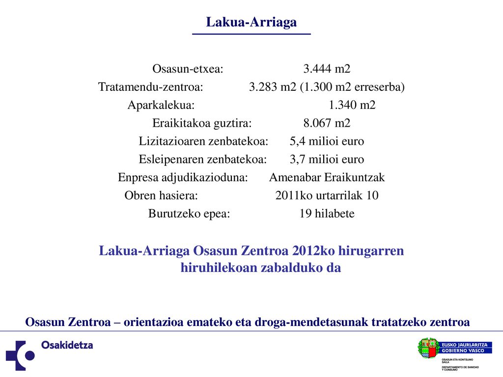 Lakua-Arriaga Osasun-etxea: m2. Tratamendu-zentroa: m2 (1.300 m2 erreserba) Aparkalekua: m2.