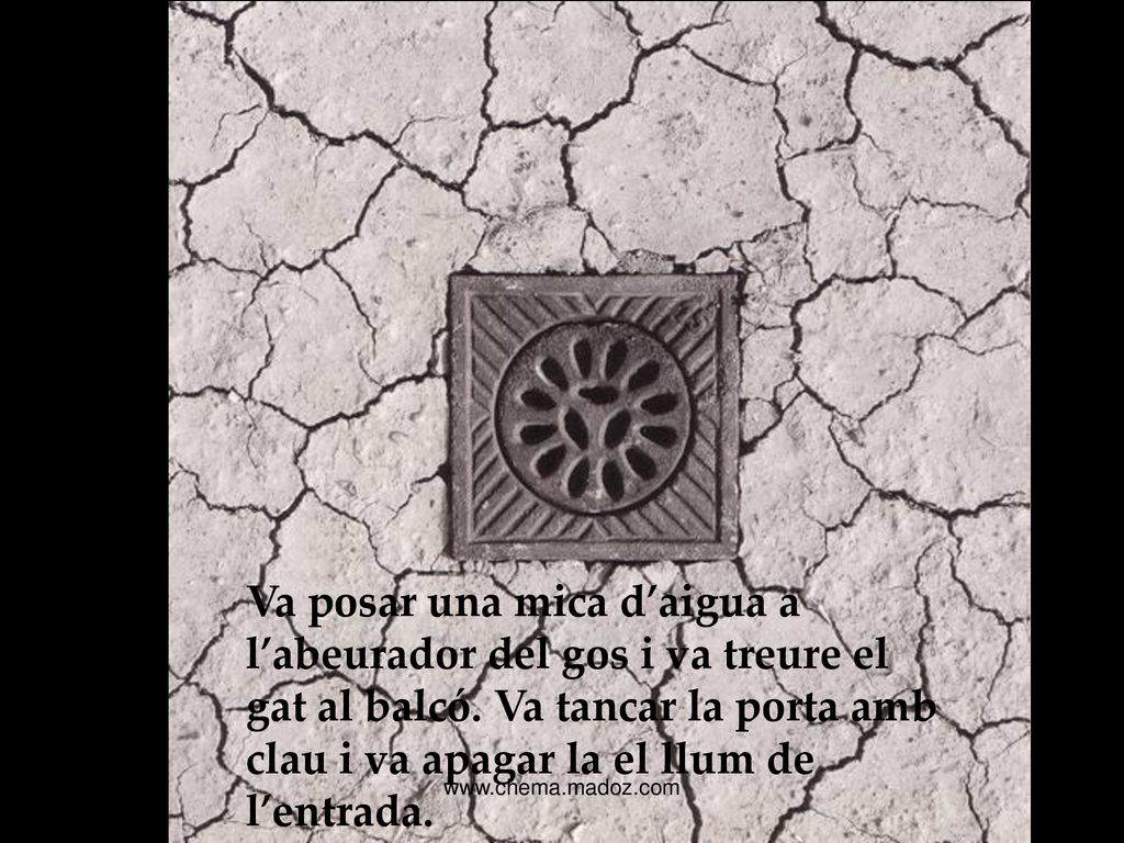 Va posar una mica d’aigua a l’abeurador del gos i va treure el gat al balcó. Va tancar la porta amb clau i va apagar la el llum de l’entrada.
