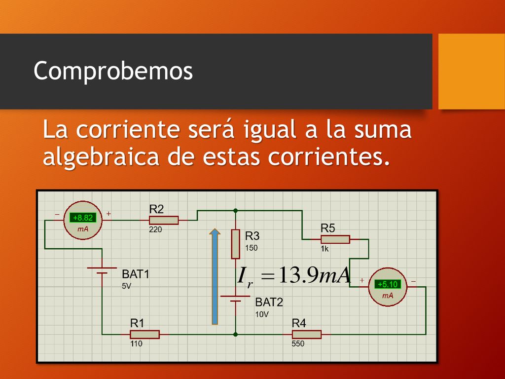 Comprobemos La corriente será igual a la suma algebraica de estas corrientes.
