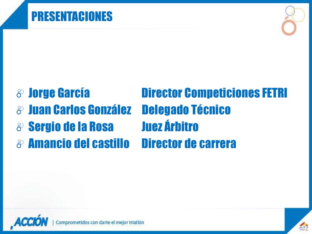 PRESENTACIONES Jorge García Director Competiciones FETRI. Juan Carlos González Delegado Técnico.