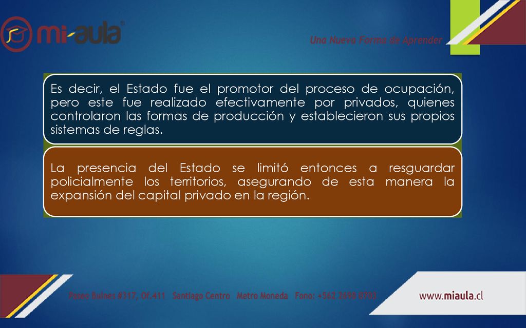 Es decir, el Estado fue el promotor del proceso de ocupación, pero este fue realizado efectivamente por privados, quienes controlaron las formas de producción y establecieron sus propios sistemas de reglas.