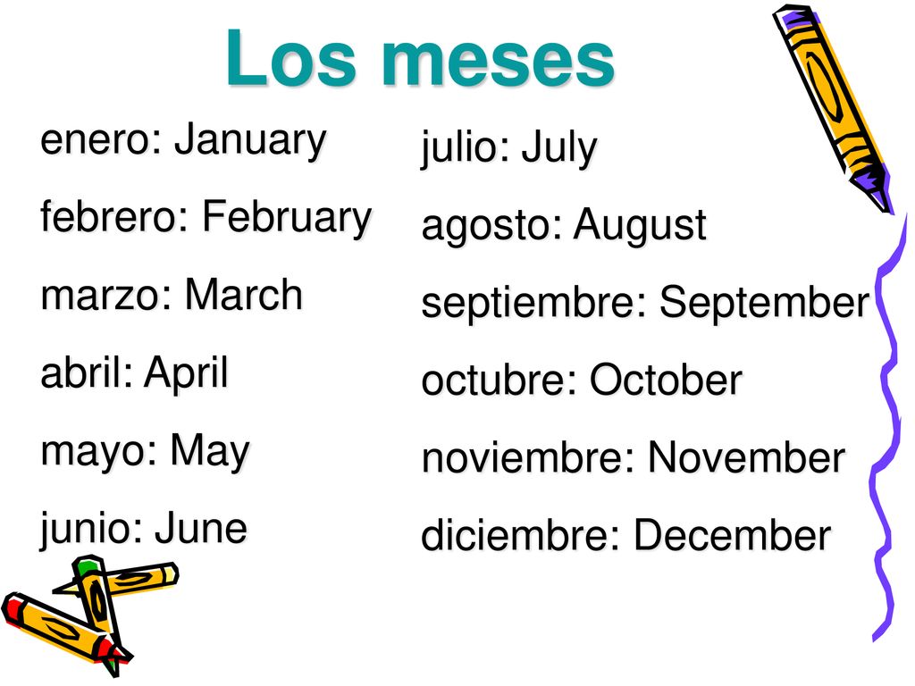 Los meses enero: January julio: July febrero: February agosto: August