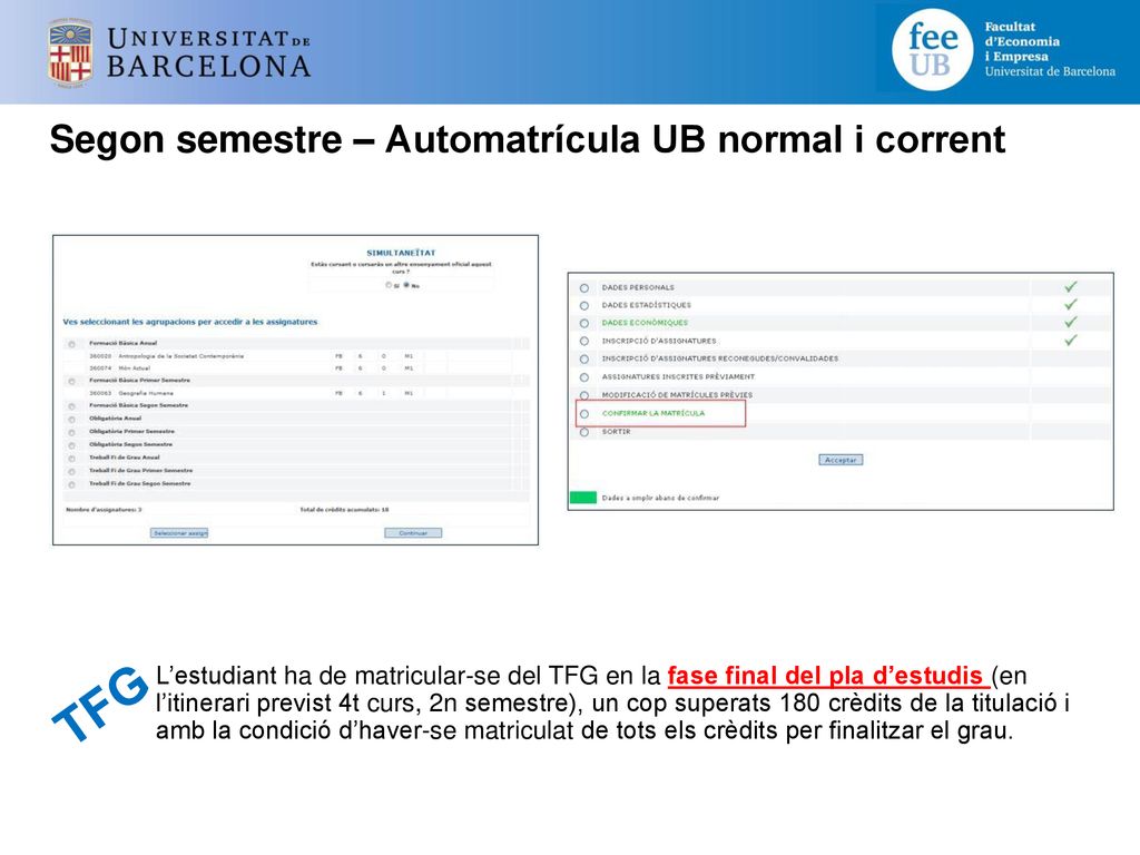 Segon semestre – Automatrícula UB normal i corrent