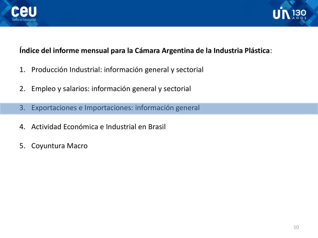 Índice del informe mensual para la Cámara Argentina de la Industria Plástica: