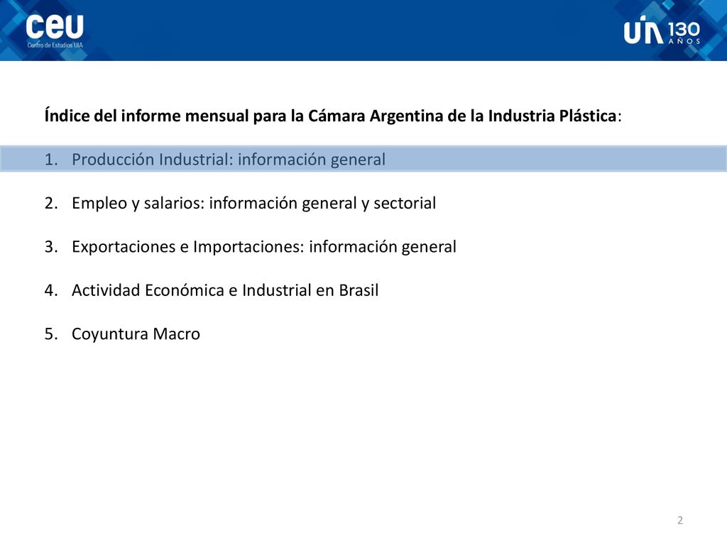 Índice del informe mensual para la Cámara Argentina de la Industria Plástica:
